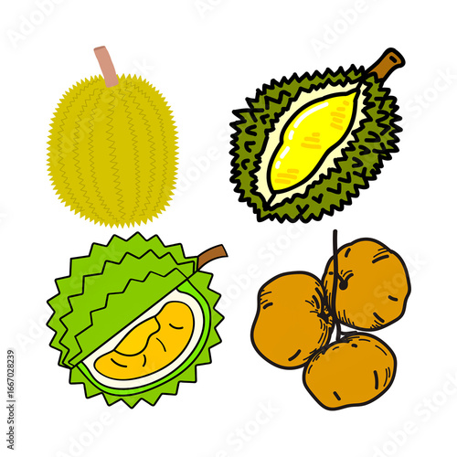 Large collection of fruit and vegetable vector icons. Set includes exotic tropical fruits, citrus, and vegetables like durian, papaya, onion, and pumpkin for healthy food and grocery designs.