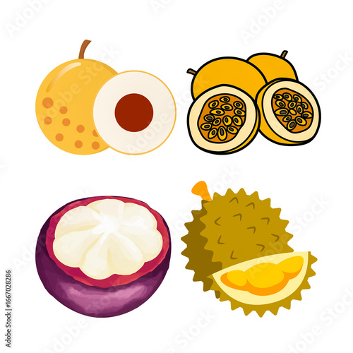 Large collection of fruit and vegetable vector icons. Set includes exotic tropical fruits, citrus, and vegetables like durian, papaya, onion, and pumpkin for healthy food and grocery designs.