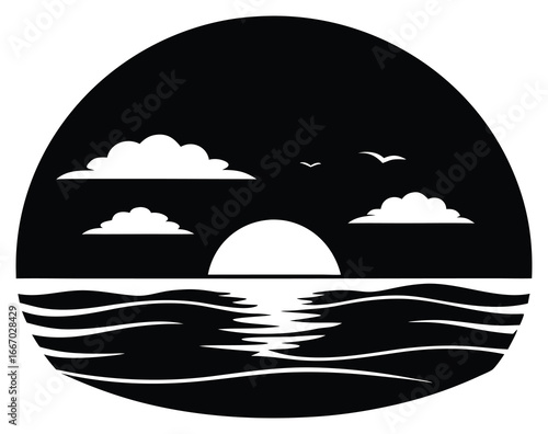 Monochrome sunset ocean scene with birds and cloud icons peaceful atmosphere