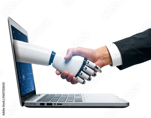 Human and robot shaking hands from a laptop isolated on transparent background
