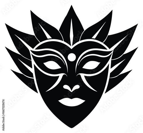 Mysterious Mask Silhouette with Foliage Accents for Cultural or Artistic Purposes