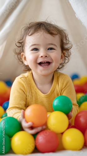 Joyful child playing in colorful ball pit smiling with delight