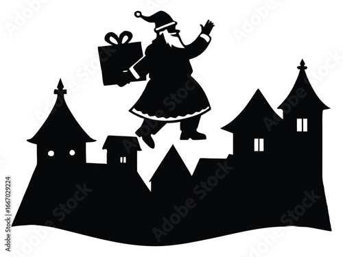 Santa Claus silhouette flying above town with gift box for christmas time
