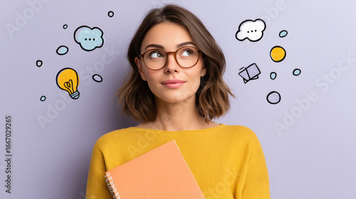 Thoughtful young woman holding notebook against creative purple background