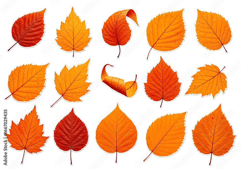 Obraz premium Autumnal leaf silhouettes in varying shades of orange and red, arranged on a black background.