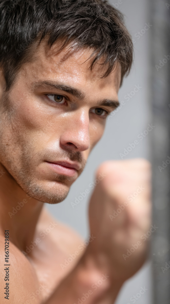 Obraz premium Intense young athlete practicing elbow drill in gym with mirror wall