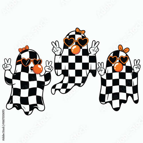 Cool Ghost Trio Art Print with Checkered Pattern for Halloween and Fun, Cool Ghost SVG, Halloween SVG Decor Inspiration