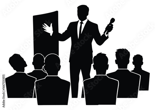 Silhouette of Business Presentation with Speaker and Audience in Dark Color Tone