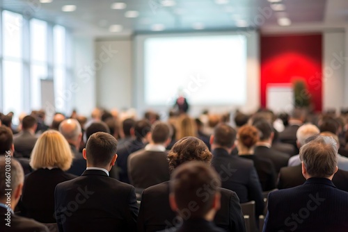 Wallpaper Mural A large audience listens to a speaker at a business conference, with people sitting in rows facing the stage, creating a sense of engagement and participation in the corporate event Torontodigital.ca