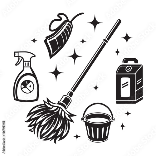 Cleaning supplies and equipment for housekeeping isolated on white background