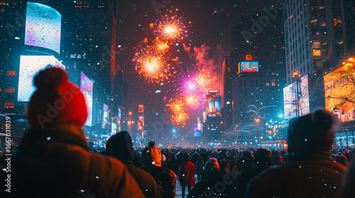 New Year fireworks city crowd at night, created with AI