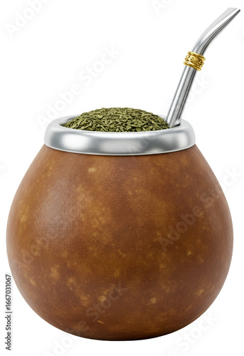 Porongo gourd with yerba mate and a stainless steel straw with 3D chimarrão. Chimarrão is a traditional drink in southern Brazil.
