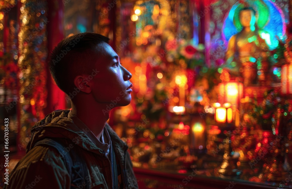 Obraz premium Young man contemplating in a colorful illuminated temple