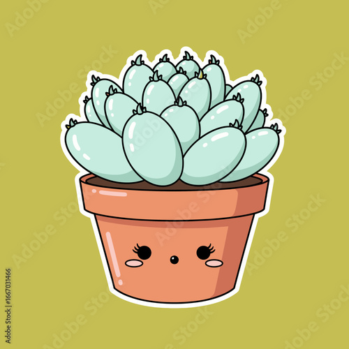 Vector illustration of a cute kawaii succulent in a charming pot with a happy face, designed as a printable sticker on a green background