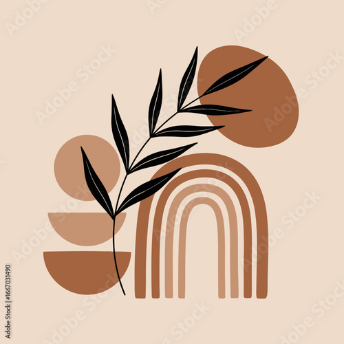 Boho Abstract Art A Stylish Combination of Rainbows, Leaves, and Geometric Shapes in Neutral Tones