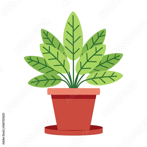 Vibrant green potted plant in a classic terracotta pot, a simple flat vector illustration ideal for home decor, gardening, and nature-themed designs