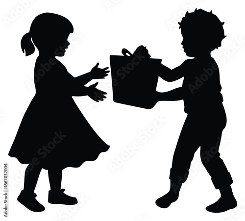 Silhouette of little boy giving a gift to a little girl