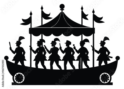 Silhouette of marching band on a cart with canopy and flags art