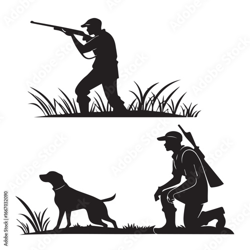 Silhouette of hunter with rifle and dog isolated on white background