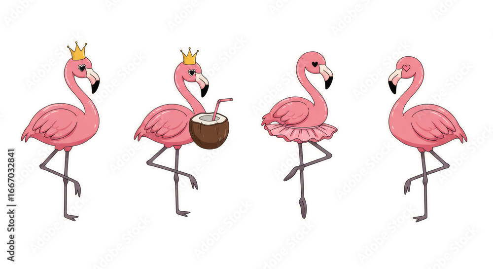 Fototapeta premium Charming collection of cartoon pink flamingo characters