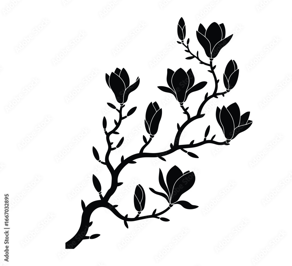 Fototapeta premium Magnolia branch silhouette with blossoms isolated black and white vector illustration