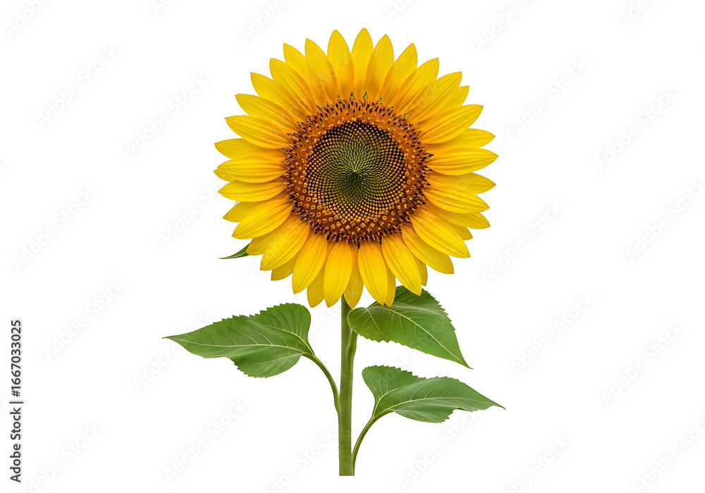 Obraz premium Vibrant sunflower head with dark green leaves, centered on a black background, displaying a rich yellow and brown color palette.