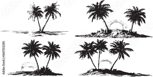 Black and white simple vector line drawing of two palm trees with the sun rising between them on an island, in a clip art style, isolated against a pure, solid, stark white background.eps