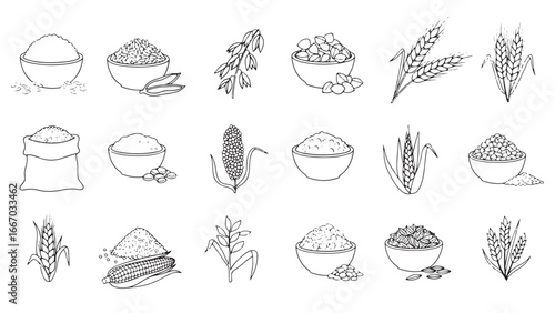 Grains and cereals doodle icon set