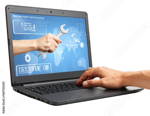 Hands typing on laptop with wrench graphic on screen isolated on transparent background