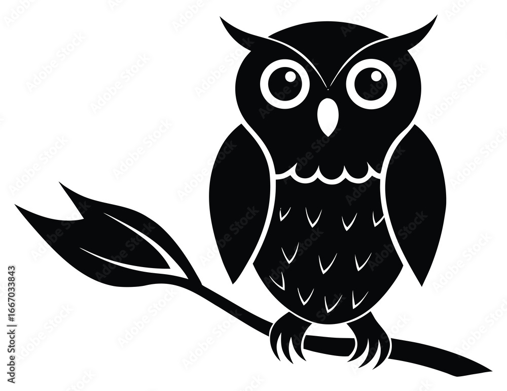 Fototapeta premium Stylized Owl Perched on Branch with Leaves Black and White Design Element