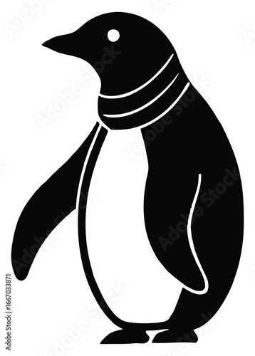Stylized penguin with scarf graphic illustration black and white minimalist design