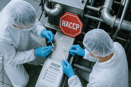 HACCP food safety testing with two workers in protective clothing and gloves collecting samples using cotton swabs in clean industrial environment ensuring hygiene and quality control