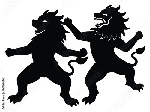 Two heraldic lions fighting fiercely with each other in black silhouette