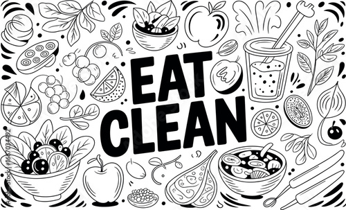 Dimly lit poster with a faded message eat clean over a background of subtle food icons and abstract patterns, conveying a minimalist diet mantra and wellness awareness