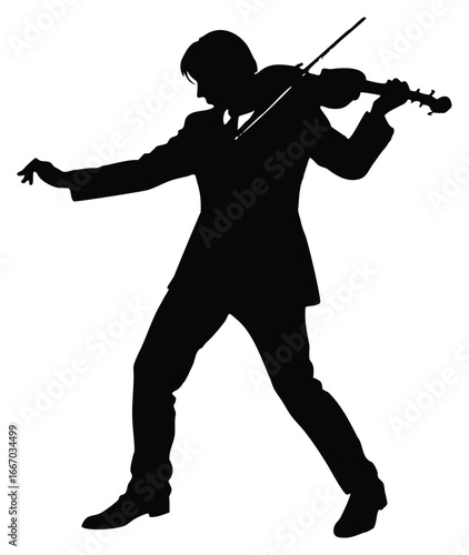 Violinist silhouette playing music with passion and professional elegance on white background