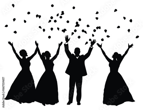 Wedding Celebration with Rose Petals Showering Bride and Groom with Friends
