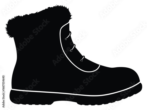 Warm winter boot with fur trim and lace up design in black silhouette