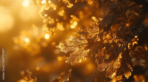 Golden autumn leaves backlit by sun