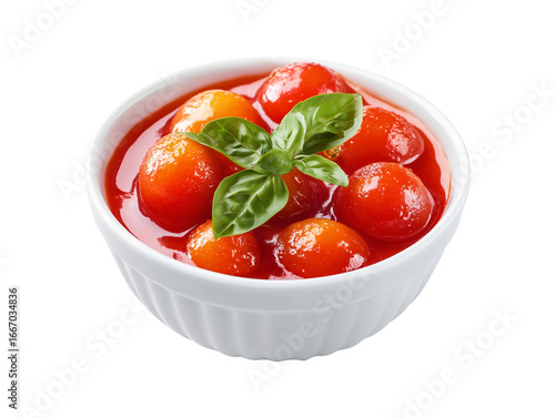 Bowl of peeled tomatoes with basil leaves in sauce isolated on transparent or white background, png