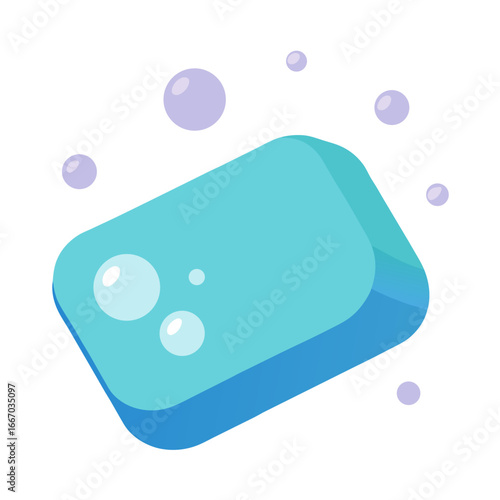 Clean soap bar with sparkling bubbles on white background