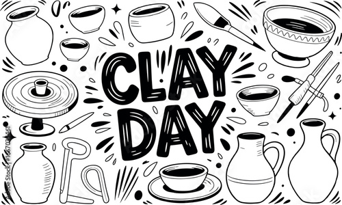 A dimly lit chalkboard illustration featuring subtle outlines of pottery tools and clay vessels, with faint sketches of bowls and vases blending into a textured black background