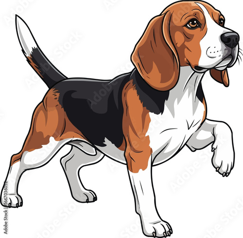 Cute Beagle dog standing raising paw vector illustration