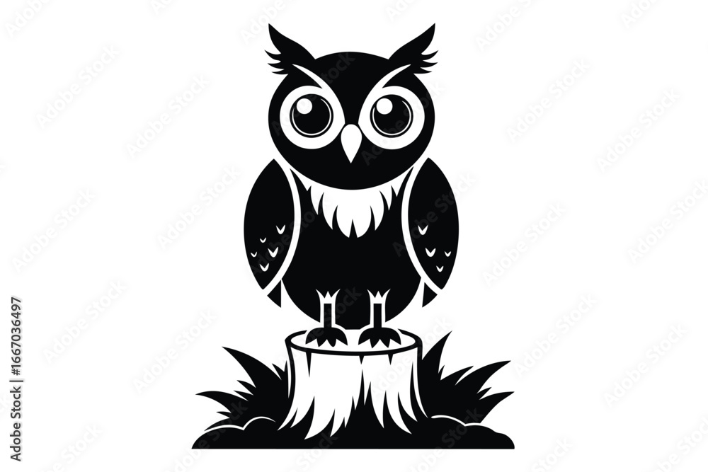 Fototapeta premium Stylized Black Owl with Large Eyes Perched on a Tree Stump Design
