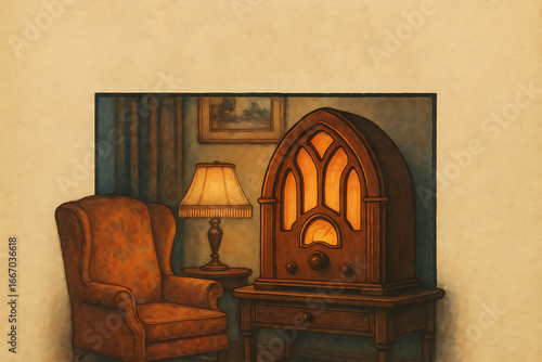 1920s cathedral radio glowing in cozy living room interior