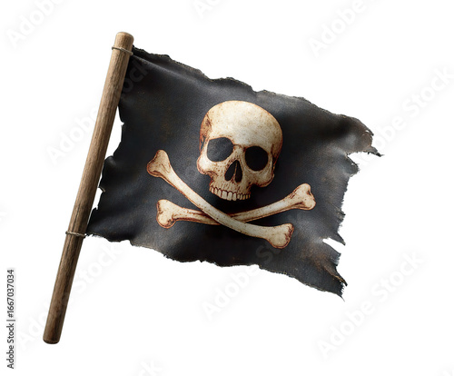 A weathered pirate flag featuring a skull and crossbones design, symbolizing danger and adventure., transparent png