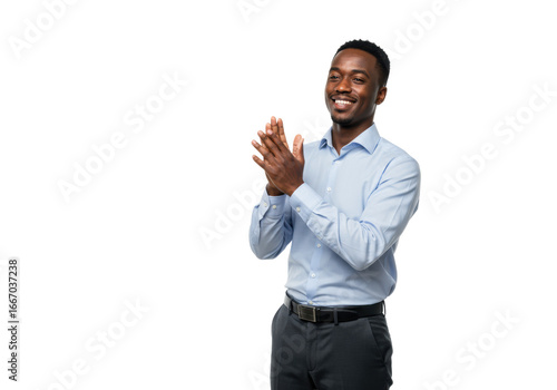 Professionally dressed individual, gender and ethnicity neutral, enthusiastically clapping with a warm, positive expression in a pristine, transparent studio, concept of success and recognition