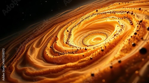 Golden spiral galaxy animation with glowing cosmic swirl nebula in outer space high resolution 4k motion video