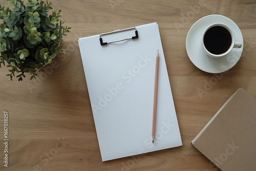 Overhead view of a blank clipboard with a pencil coffee cup and plant on a wooden desk