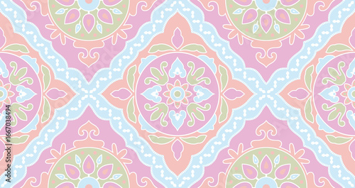 An intricate pastel mandala pattern evokes calmness and mindfulness soft pinks and blues in a