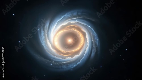 Spiral galaxy rotation animation with glowing cosmic swirl nebula and space vortex effect in 4k high resolution video